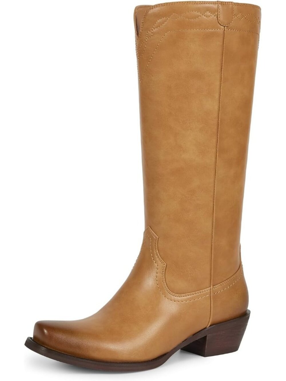 Women Brown Leather Pull On Knee High Cowgirl Retro Embroidered Chunky Heels